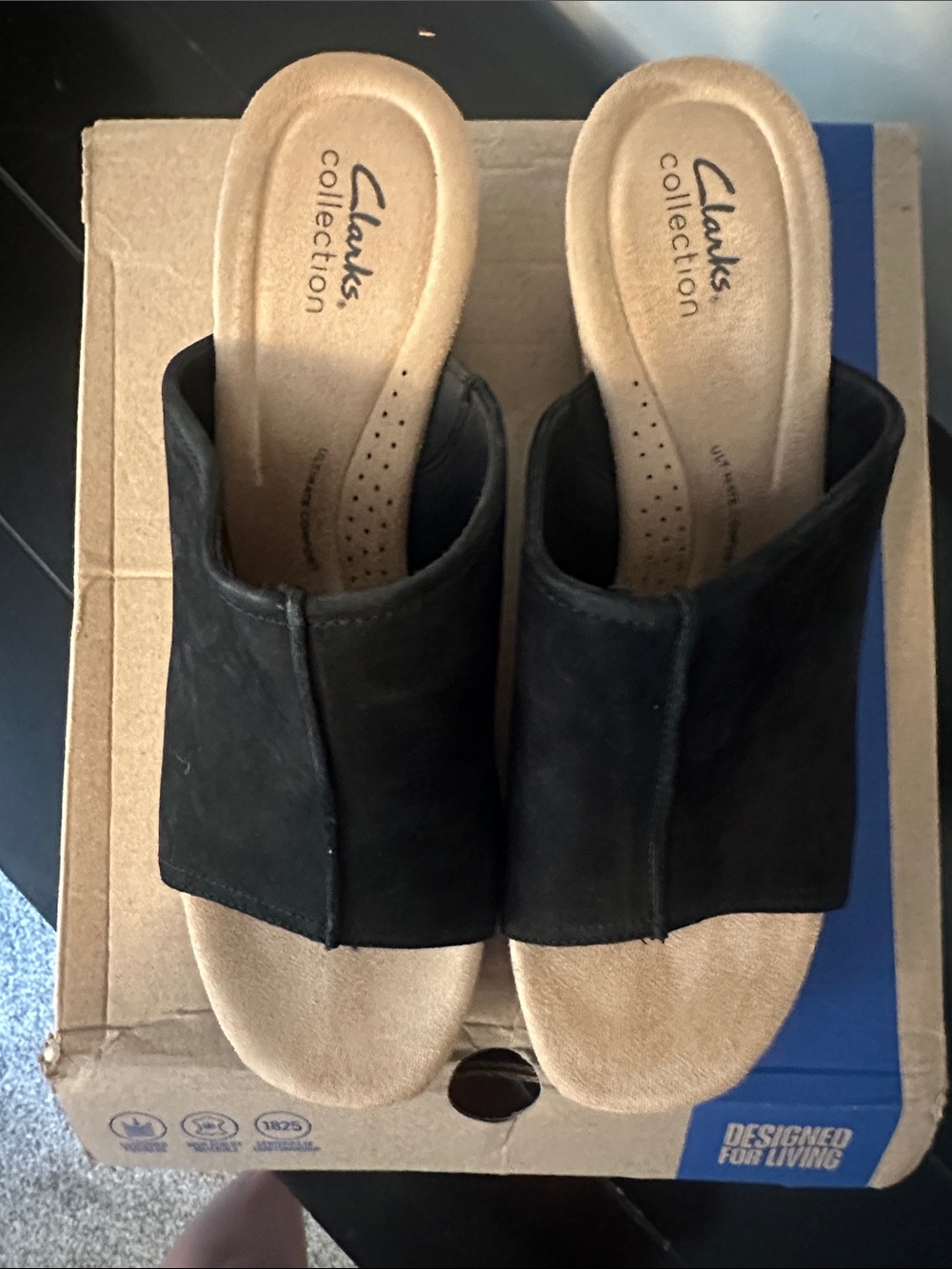 Clarks Black Open-Toe Suede Slide Sandals with Tan Footbed